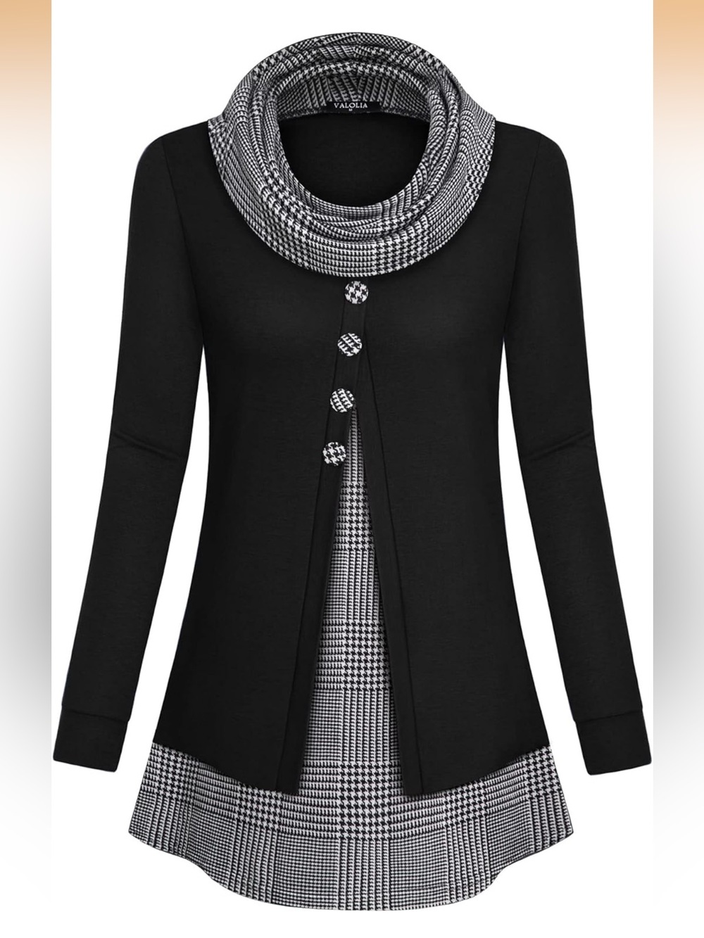 Black Tunic with Black-and-White Houndstooth Trim women’s large classic elegant
